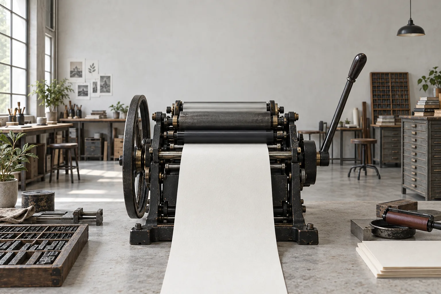 PRESS / PLAY letterpress in a naturally lit print studio