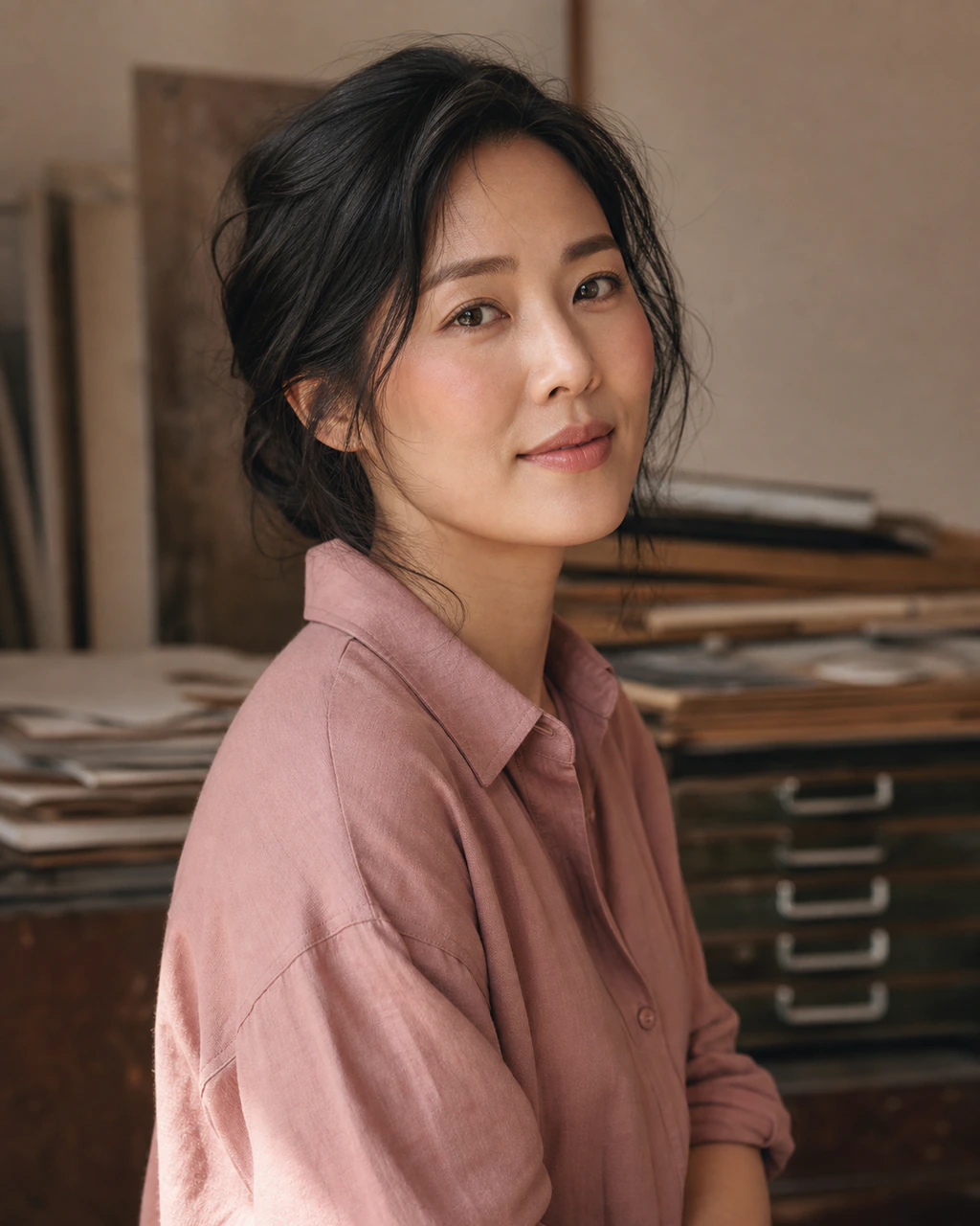 장미빛 치크를 넓게 표현한 더스티 로즈 셔츠 차림의 여성