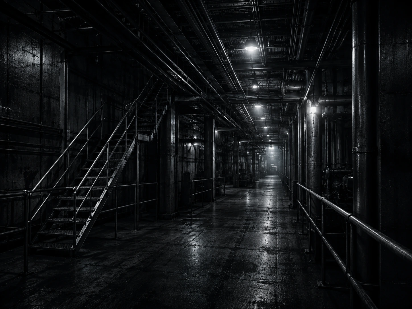 Dark factory corridor with overhead lights
