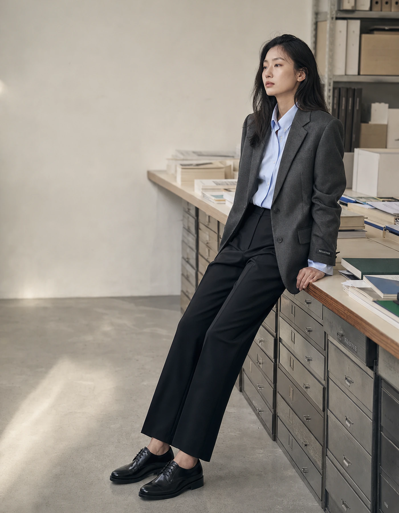 기록 테이블에 기대어 앉은 REGISTER 모델