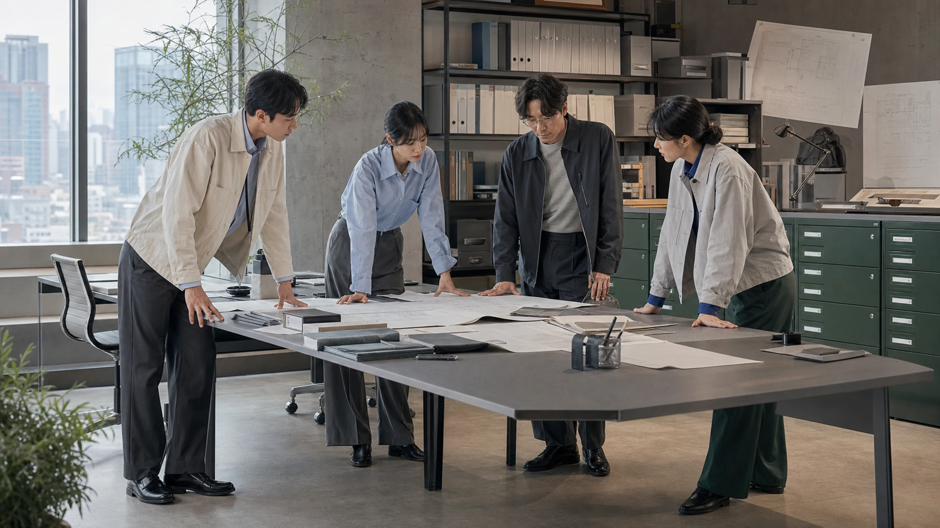 REGISTER 룩을 입고 작업 테이블에서 문서를 검토하는 팀