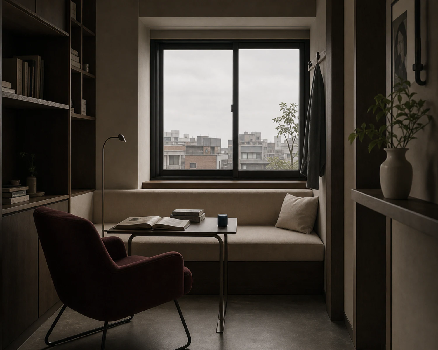 푸른 기운의 창빛과 단정한 가구가 있는 ROOM 12 내부