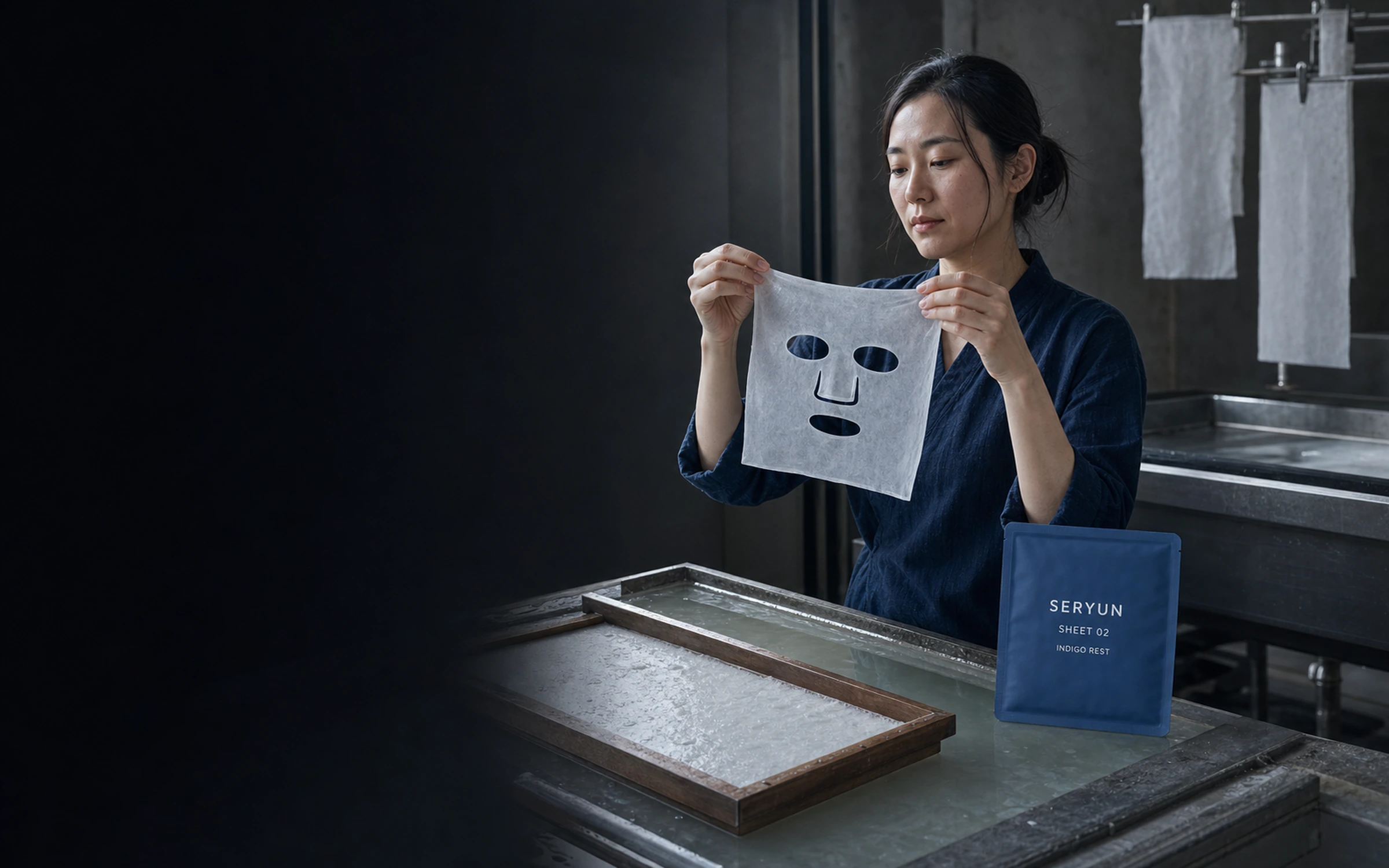한지 공방에서 투명 시트를 든 모델과 SERYUN SHEET 02