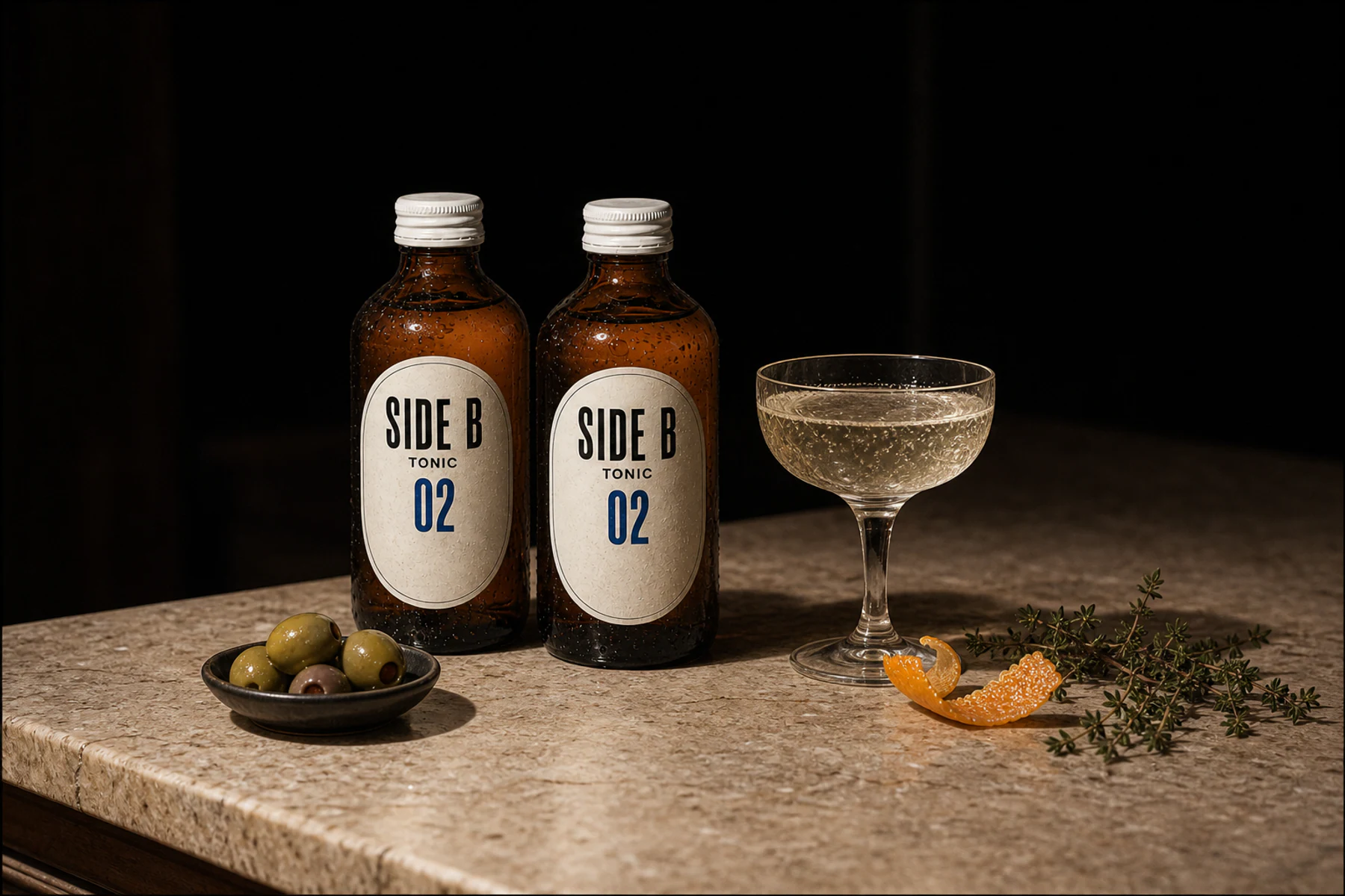 잔과 허브, 올리브가 놓인 늦은 저녁 테이블 위 SIDE B TONIC 두 병