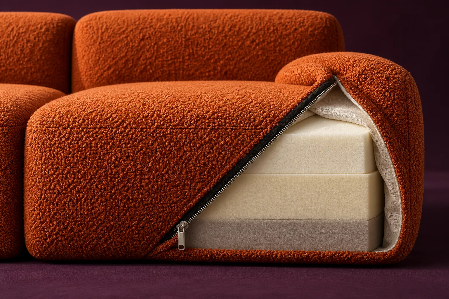 Concept removable boucle cover revealing layered cushion and zipper