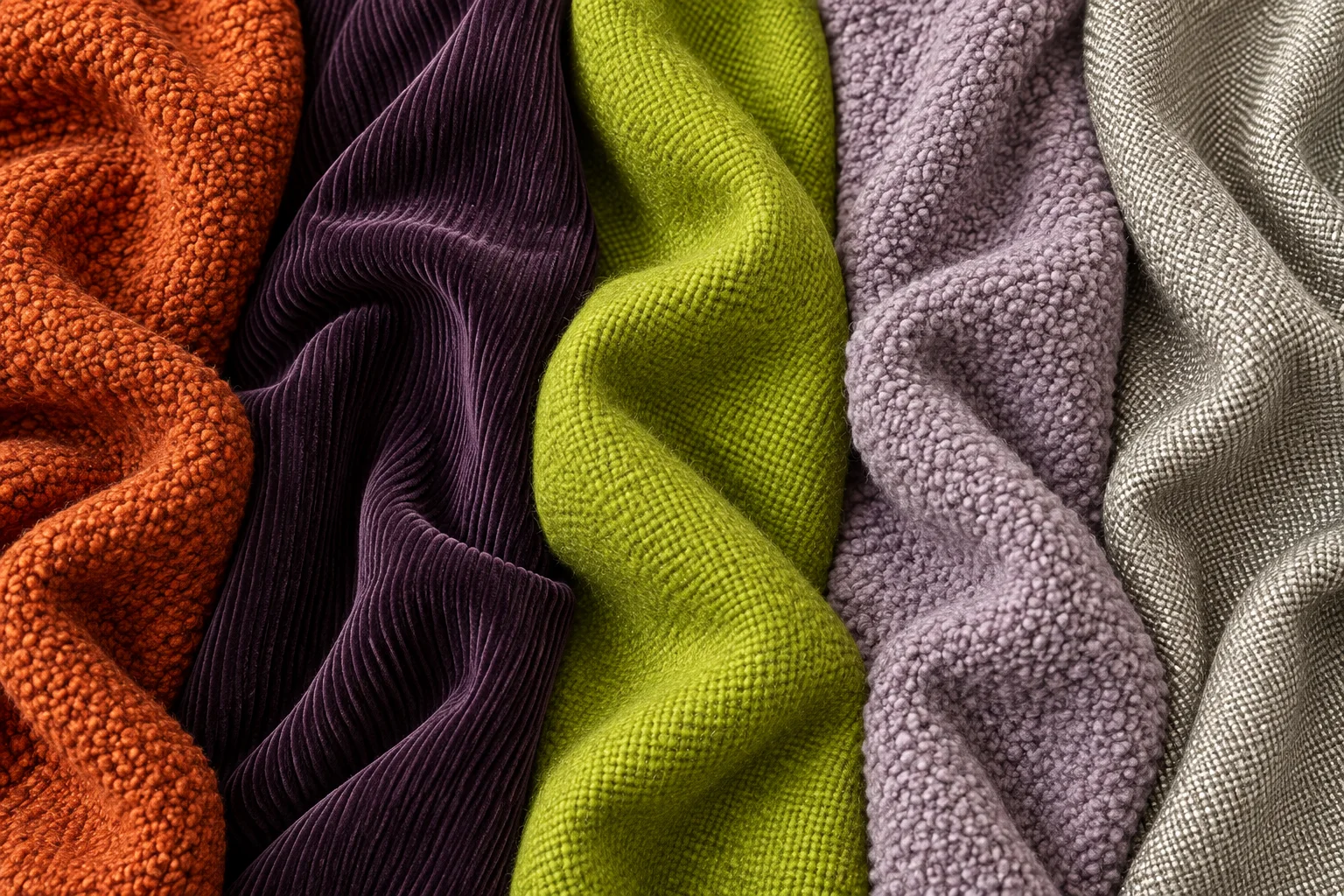 Persimmon, aubergine, chartreuse, lilac and silver tactile concept fabrics