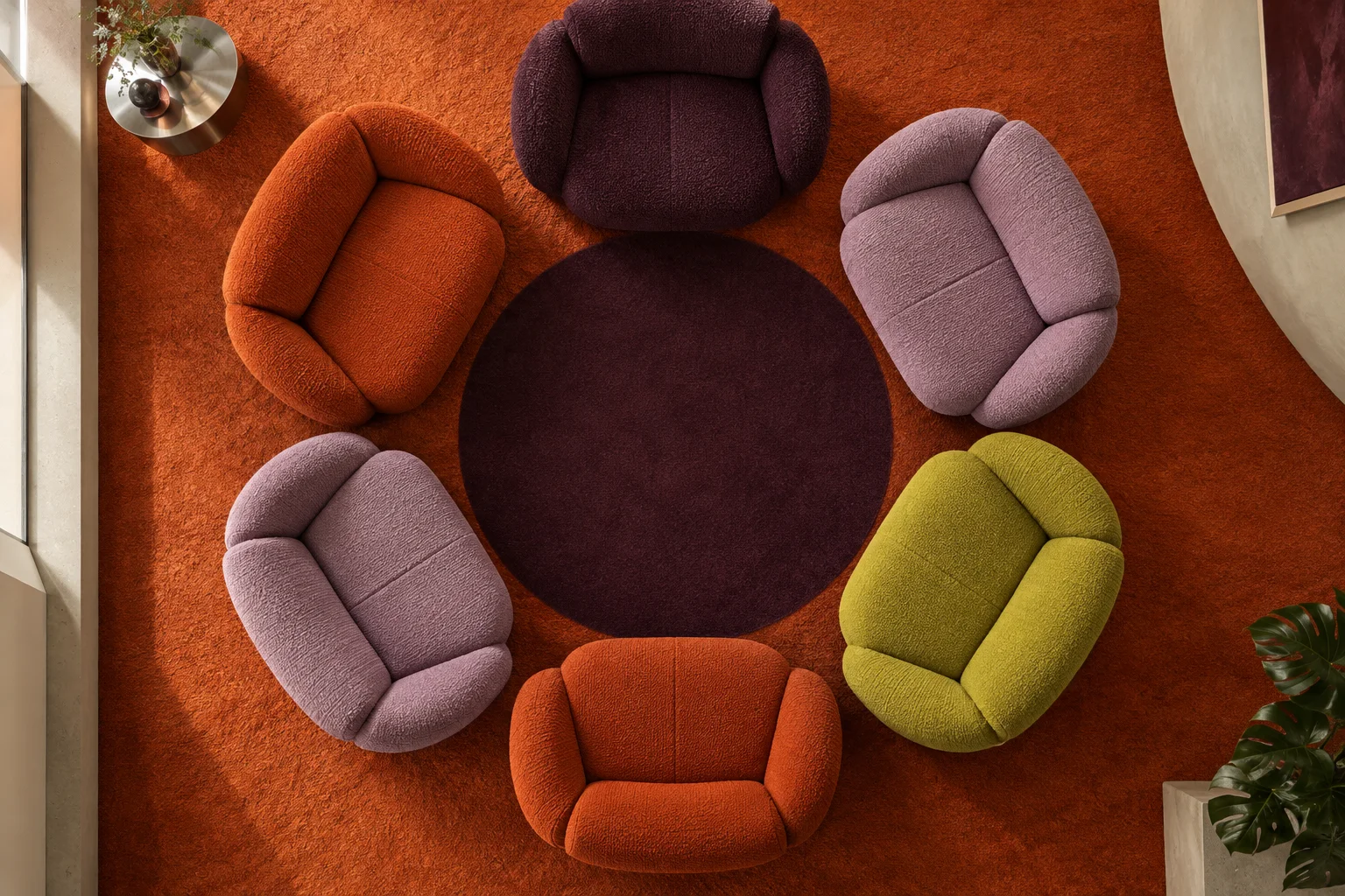 Six tactile modular sofa seats arranged like petals on a persimmon floor