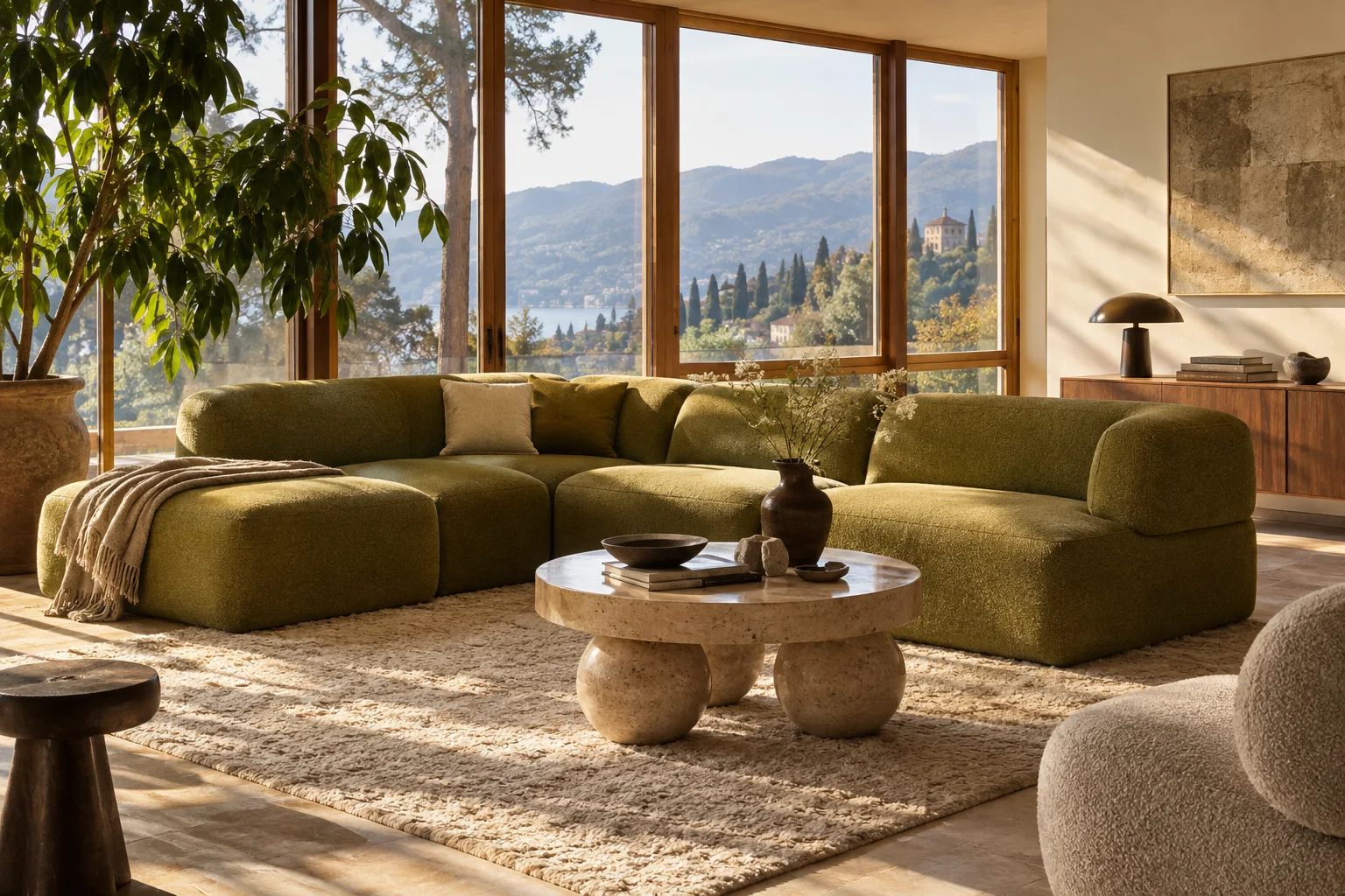AI concept apartment with chartreuse sofa