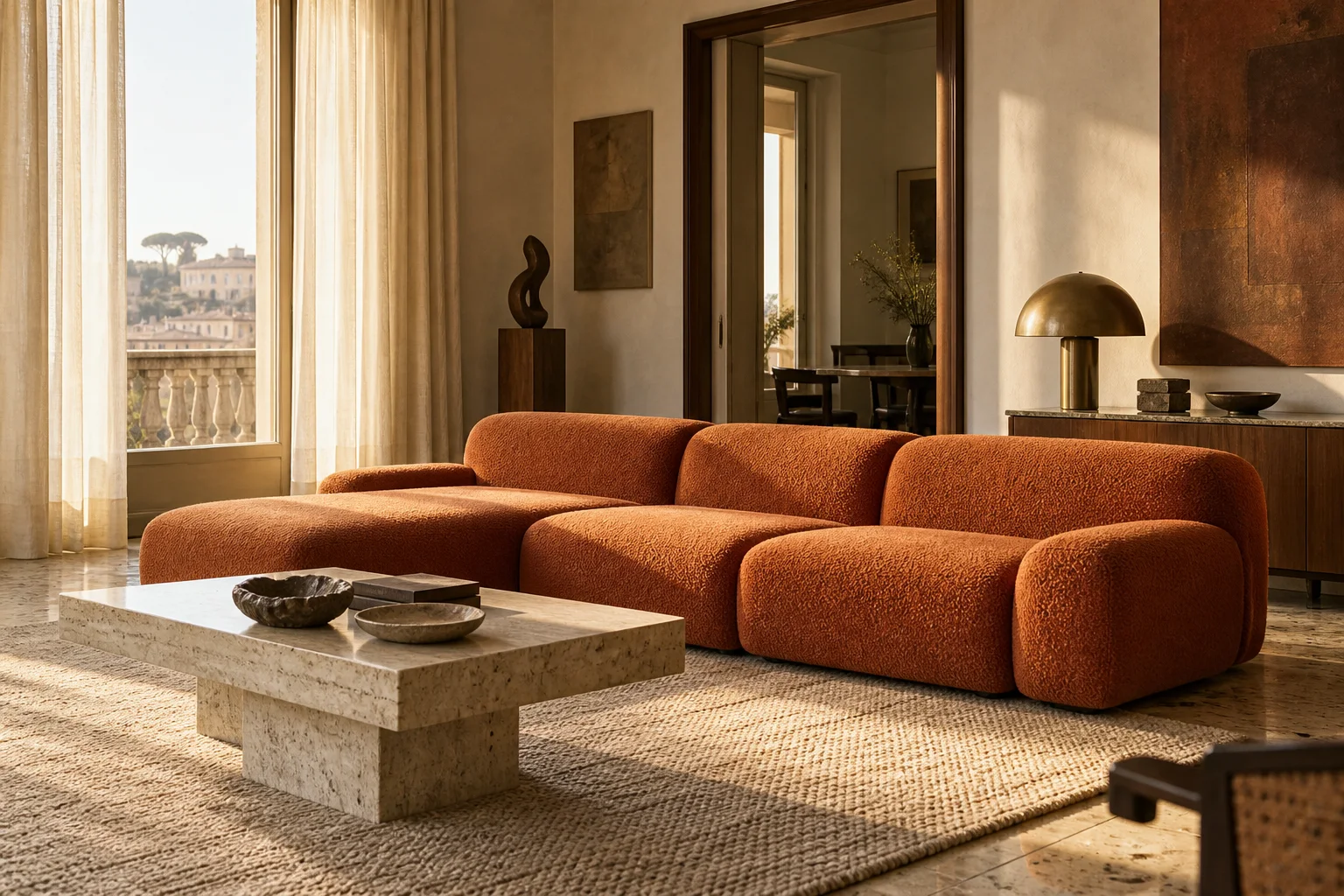 AI concept room with orange modular sofa in warm sunlight