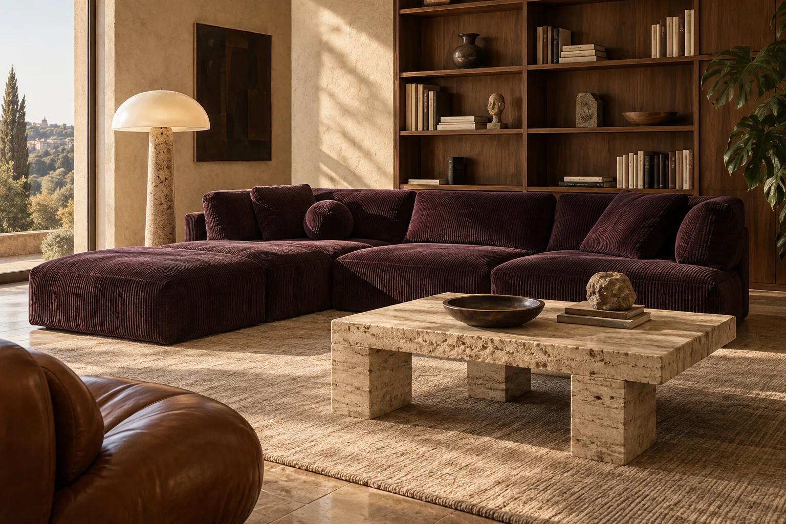 AI concept reading room with aubergine sofa
