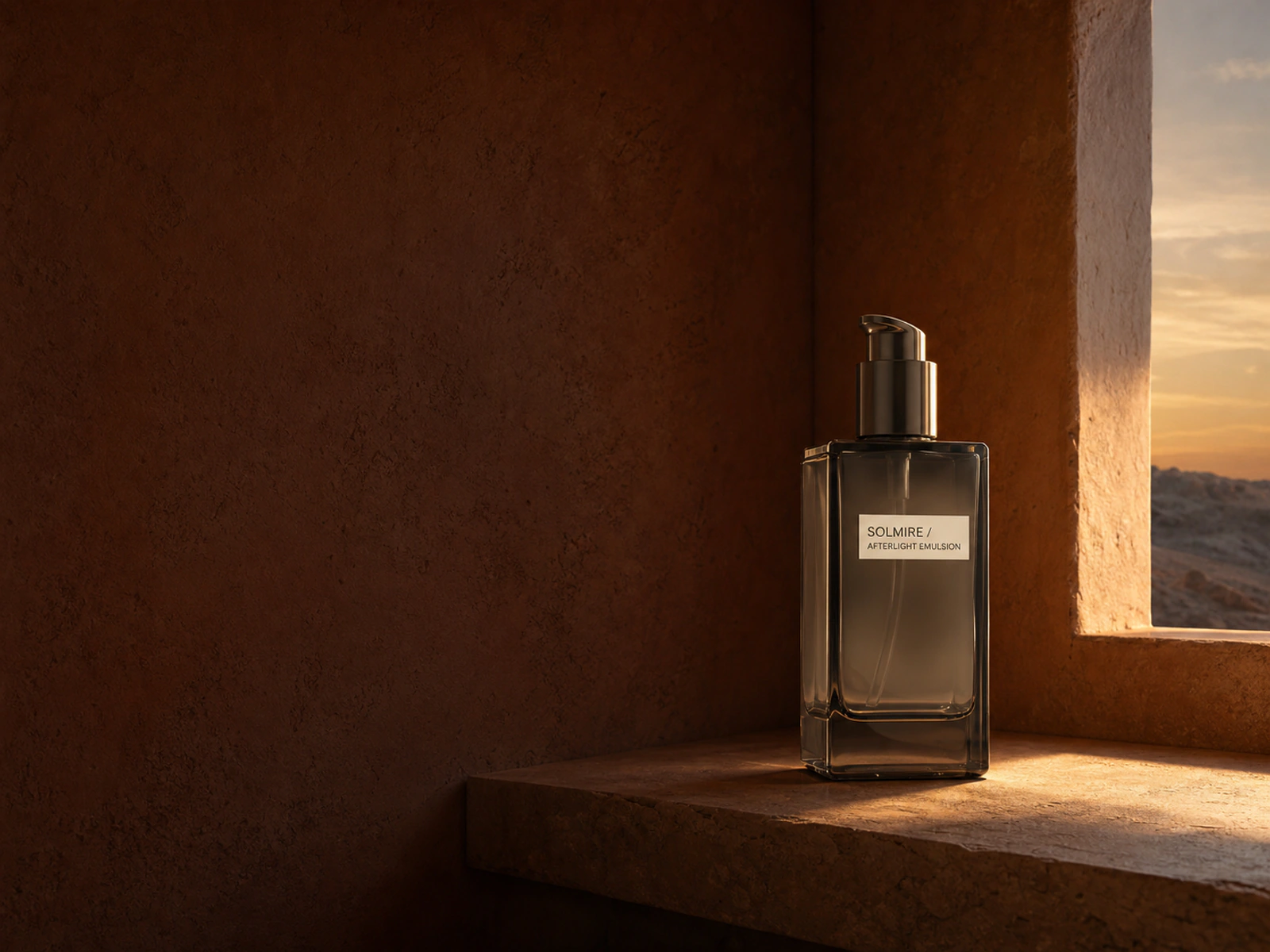 해 질 무렵 러스트색 실내에 놓인 SOLMIRE AFTERLIGHT EMULSION