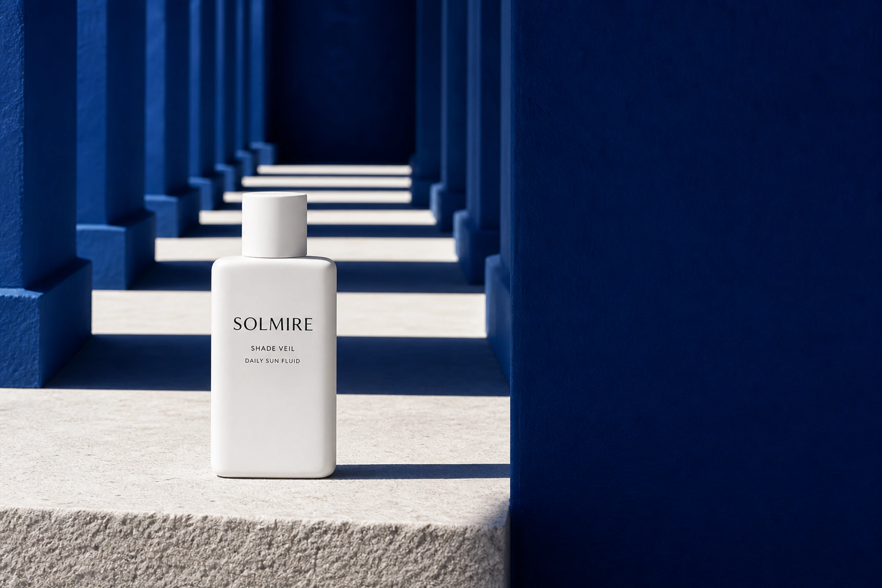 코발트색 회랑의 햇빛 속에 놓인 SOLMIRE SHADE VEIL
