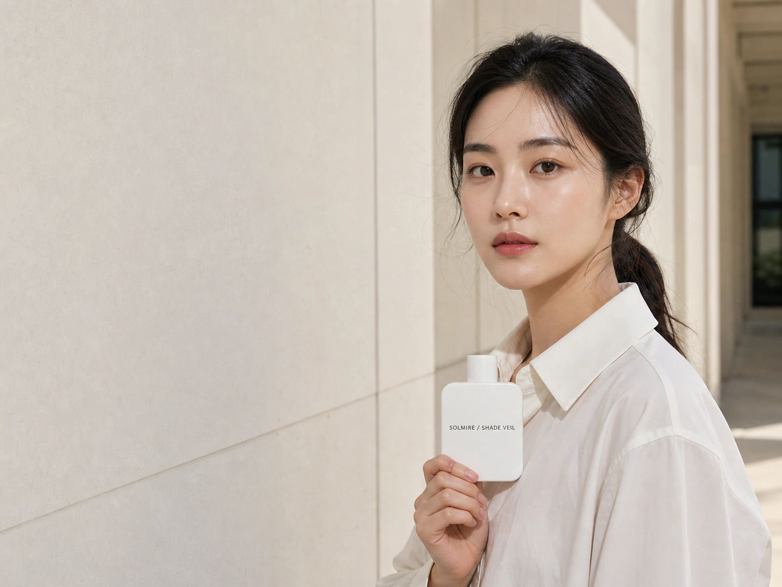 흰 셔츠를 입고 SOLMIRE SHADE VEIL을 든 여성의 아침 피부 표현