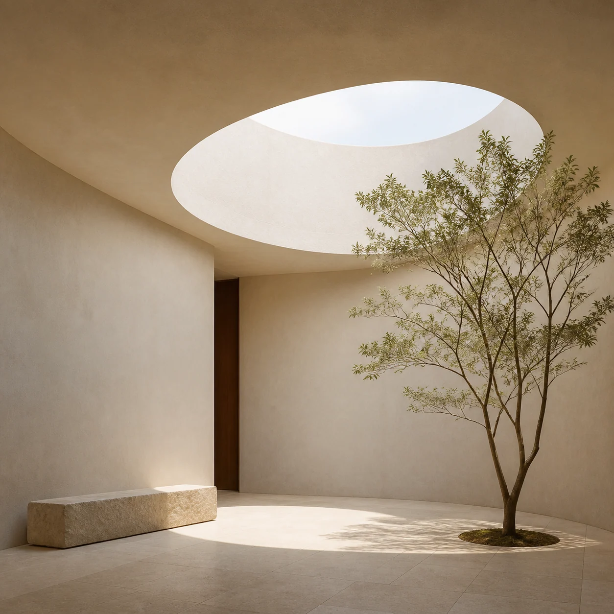 Minimal courtyard with a tree beneath a circular skylight.