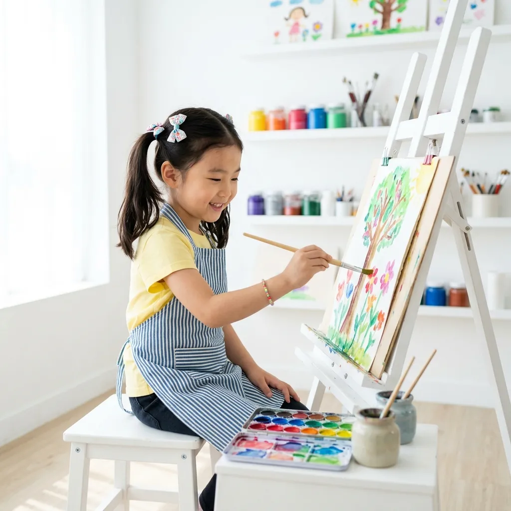 밝은 미술 스튜디오에서 아늑하게 그림을 그리고 있는 아이