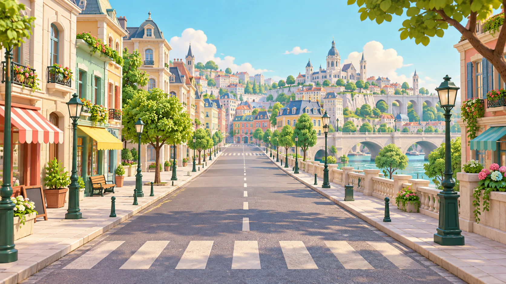 TINY PARADE bright toy-like city boulevard ready for eight colorful walkers