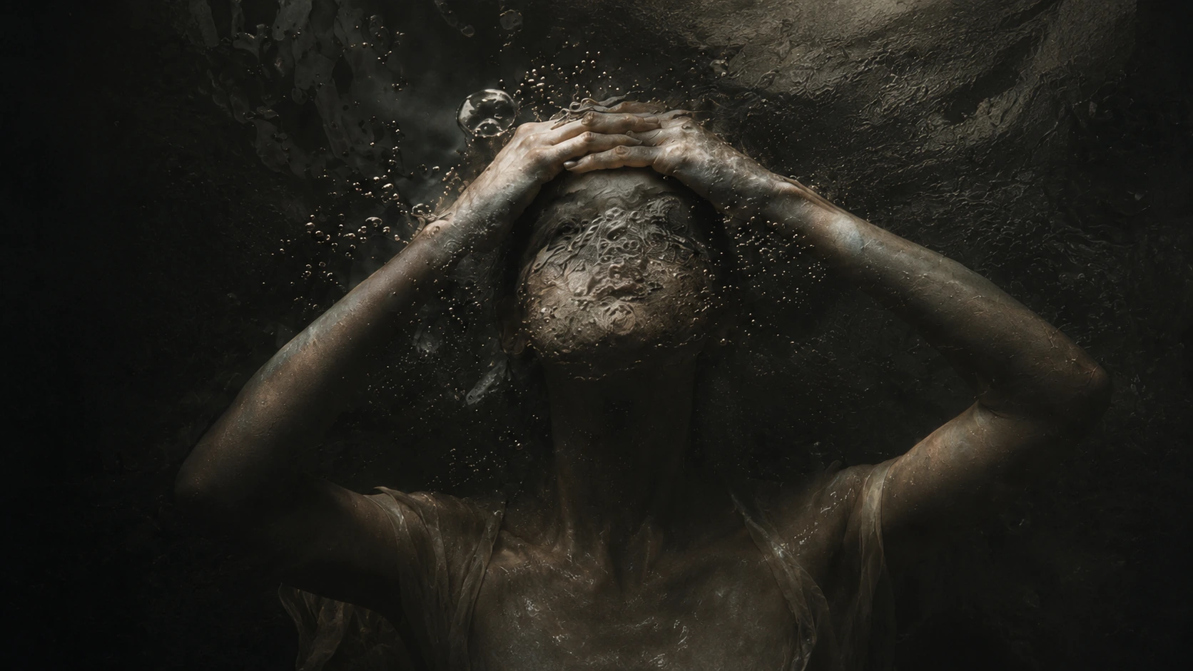 A figure submerged in black water with a stone-like head and suspended particles.