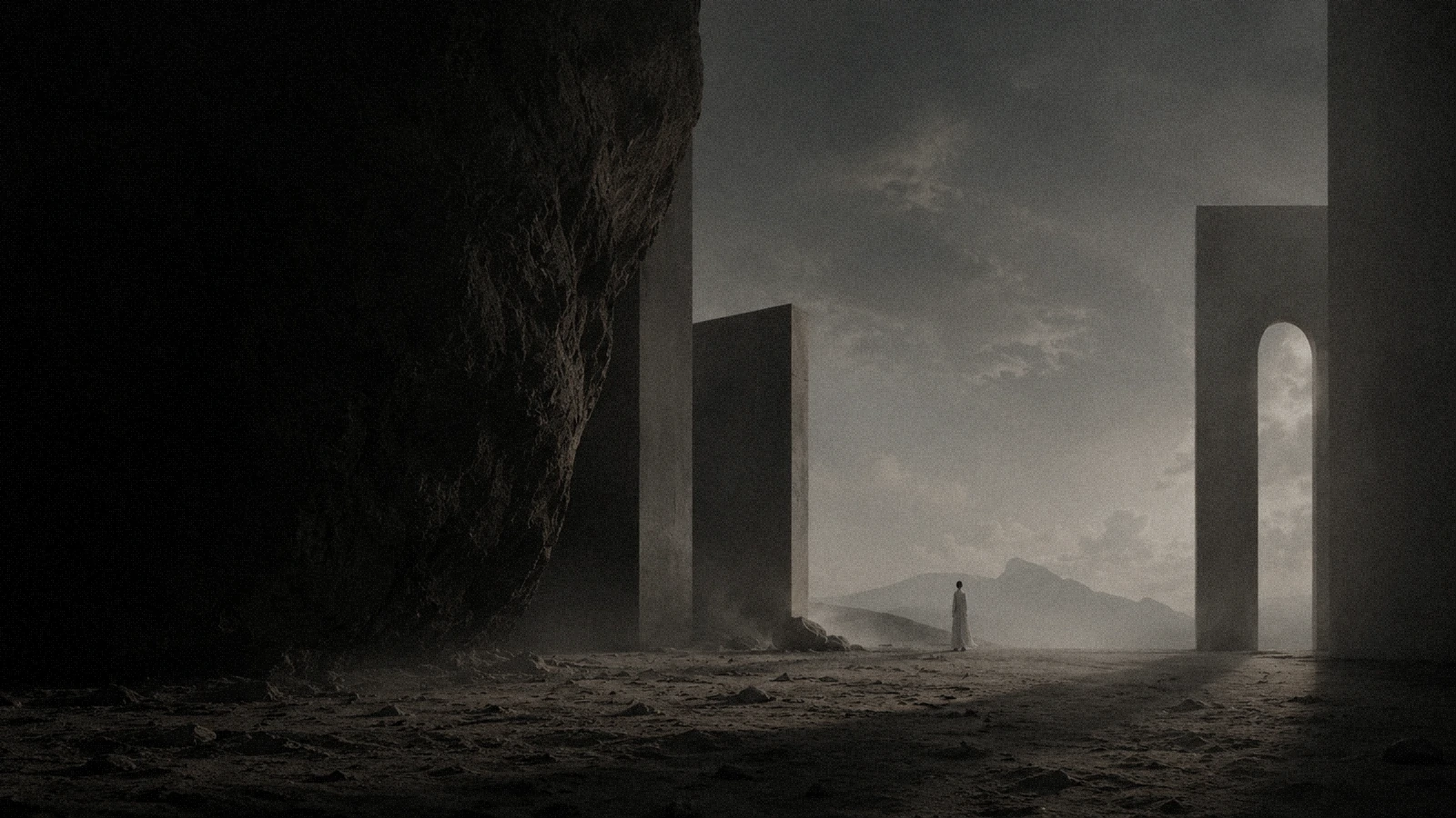 A monumental desert portal and solitary figure.