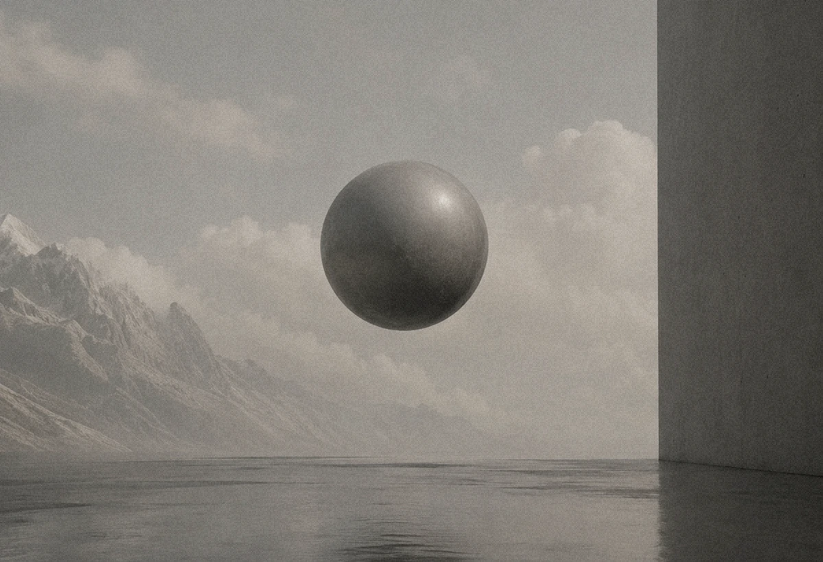 Metal sphere above a pale horizon.