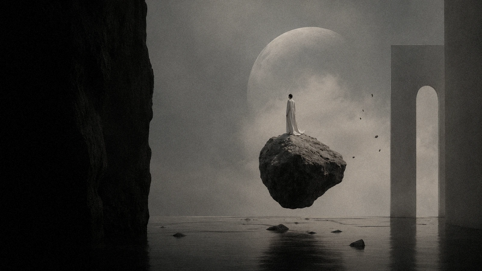 A monumental floating-rock scene with moon and dark water.