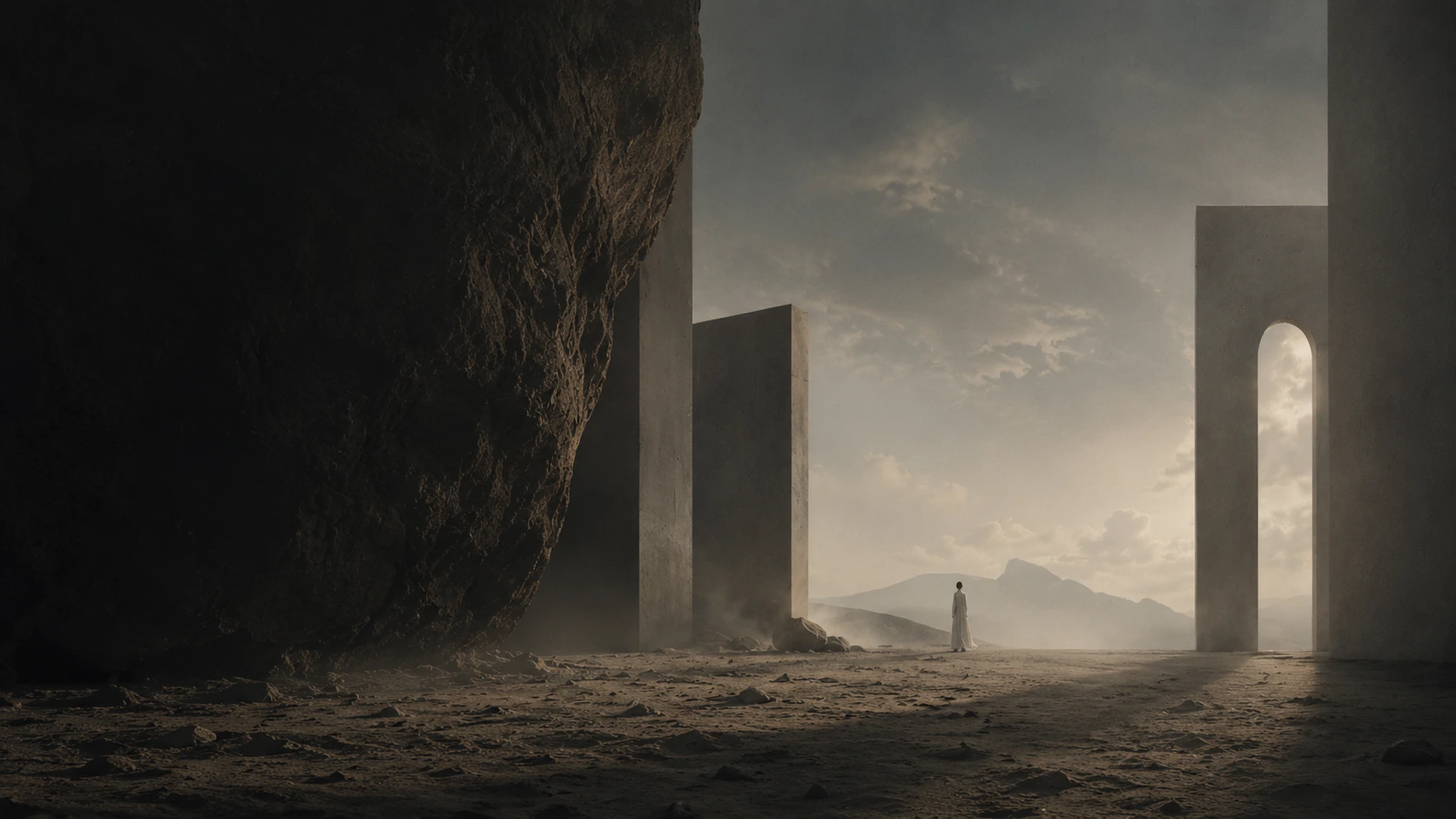 A lone figure walking through a monumental desert portal.