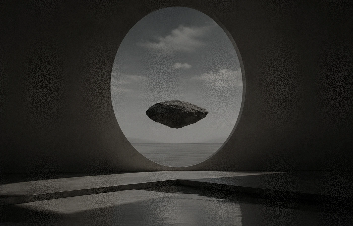 Circular frame and floating stone.