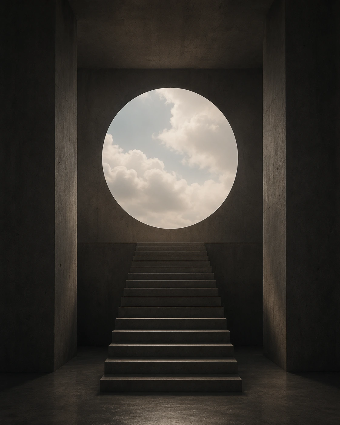A dark interior stair ascending toward a circular window of sky.
