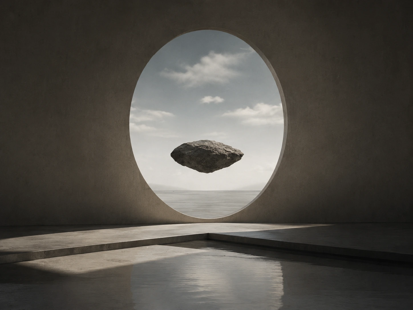 A floating stone framed by a circular opening above shallow water.