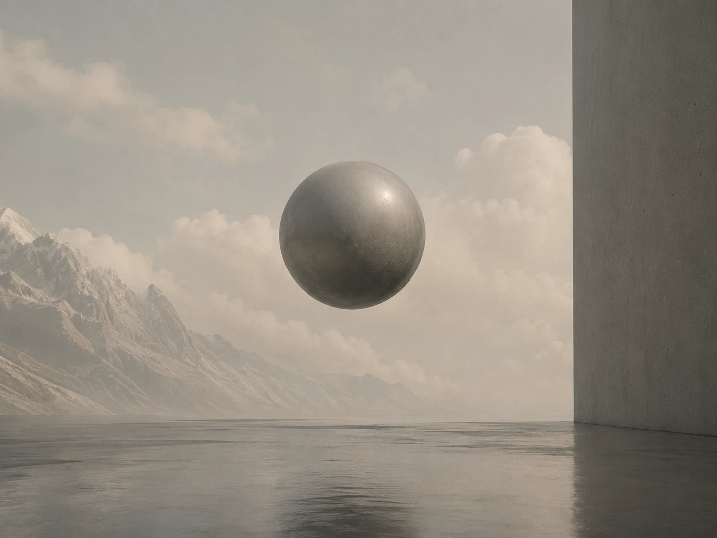 A metallic sphere floating over a quiet desert-like horizon.