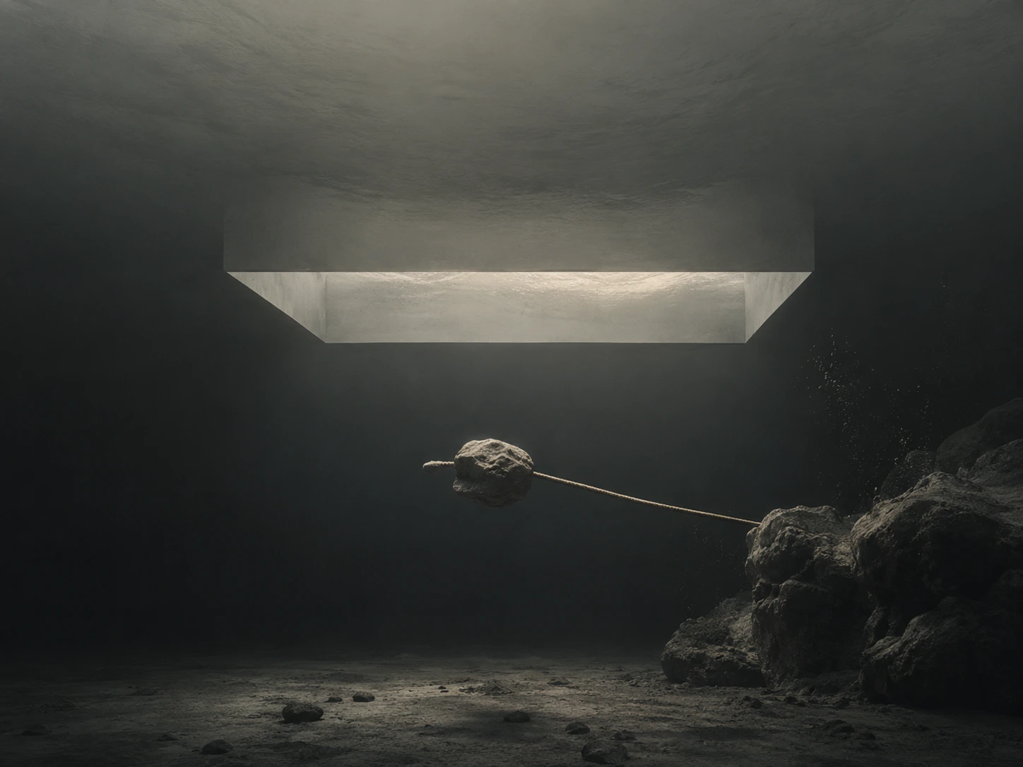 A dark underwater architectural chamber with a suspended rectangular form.