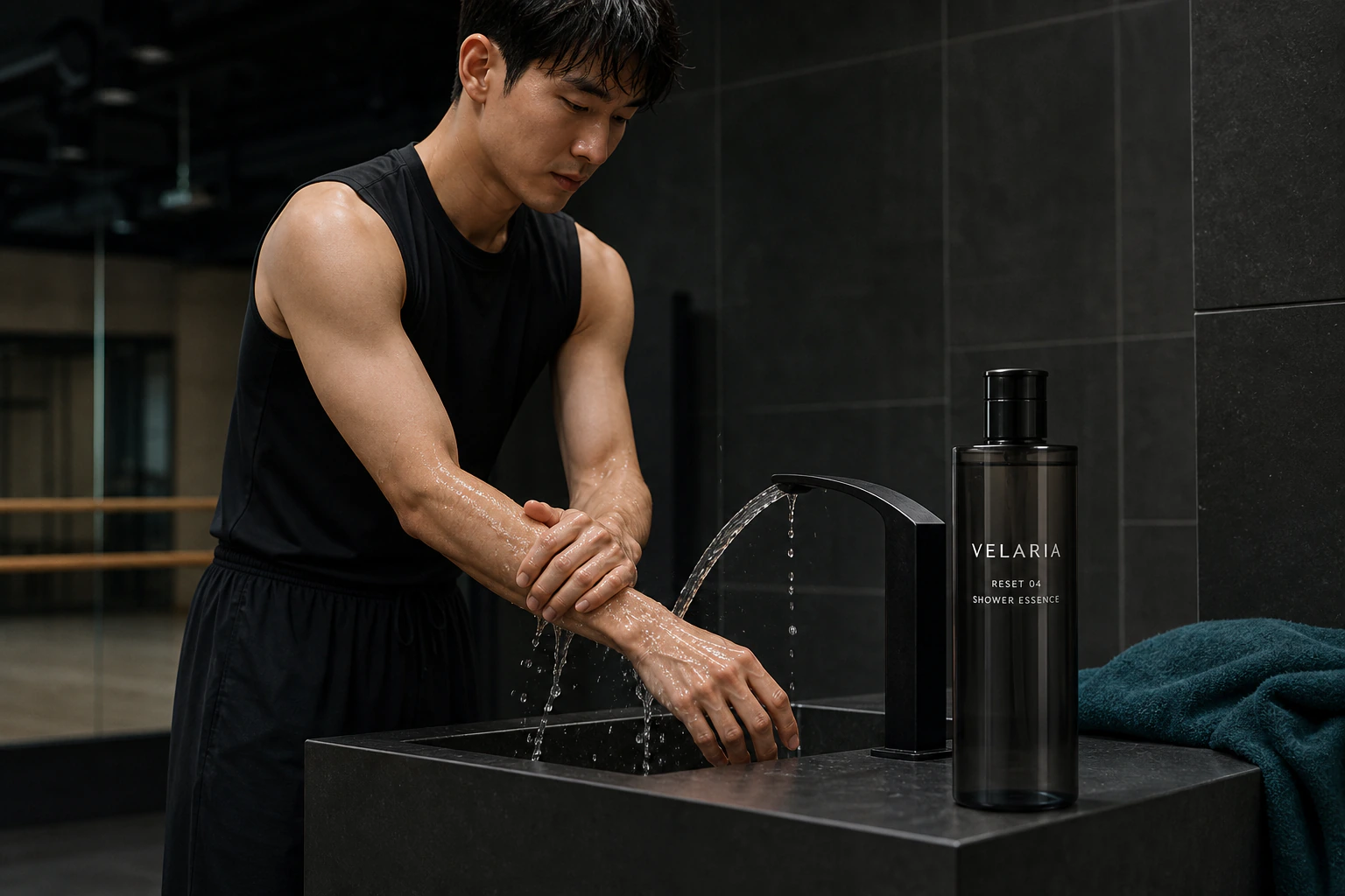 팔을 씻는 무용수와 VELARIA RESET 04 샤워 에센스