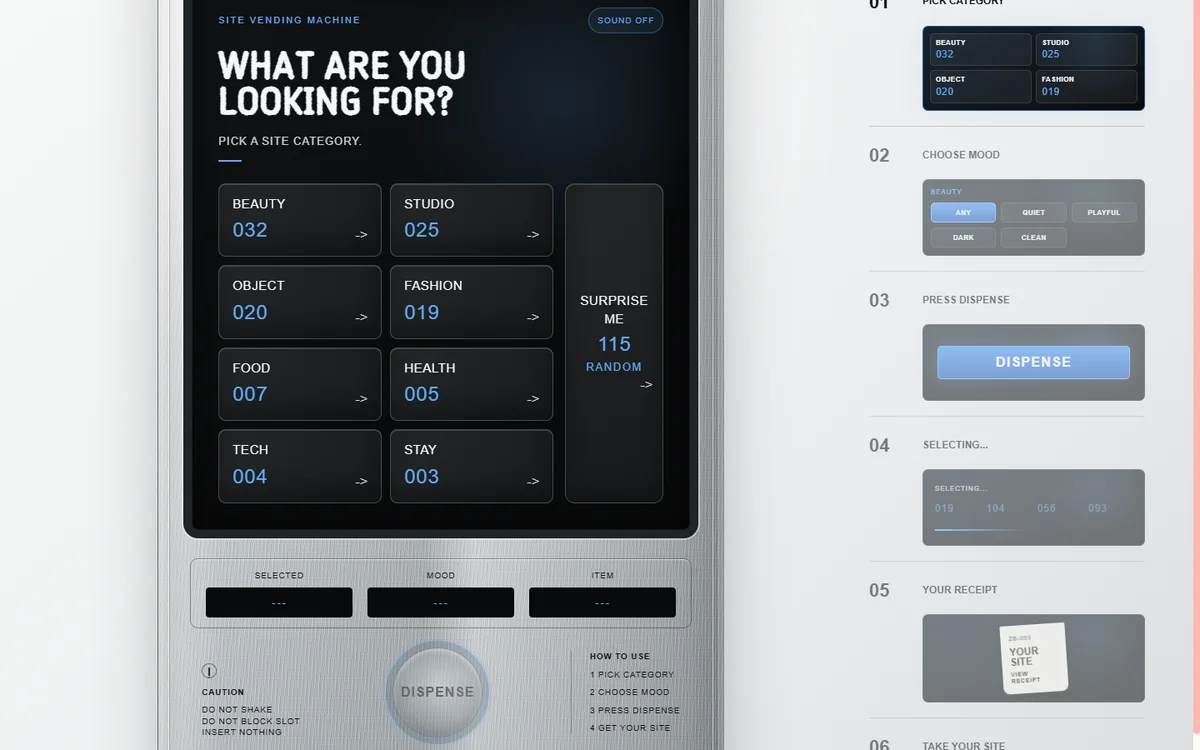 Metal site vending machine interface with category buttons and how it works guide