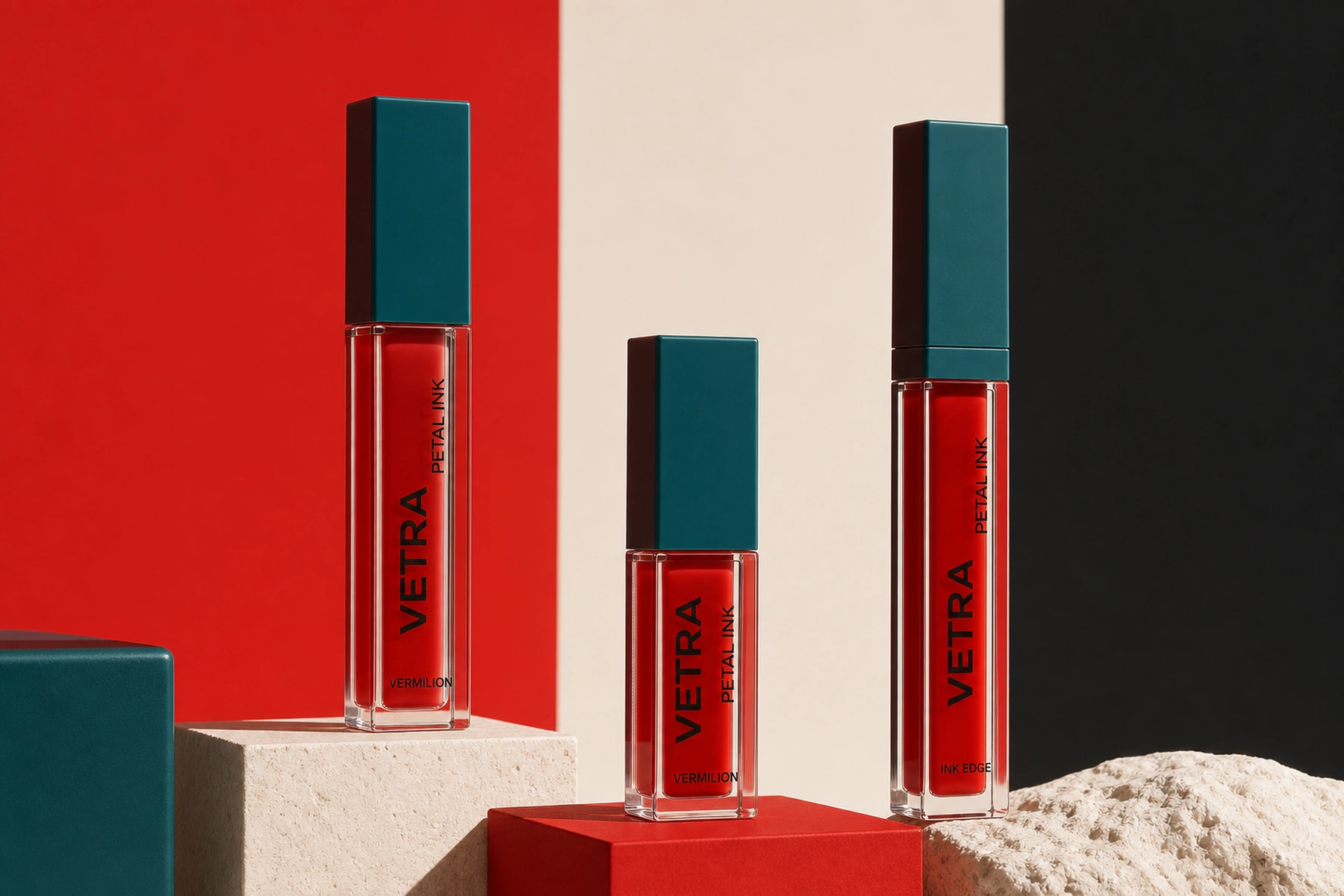 VETRA COLOR product lineup with vermilion, teal, white, and black color blocks