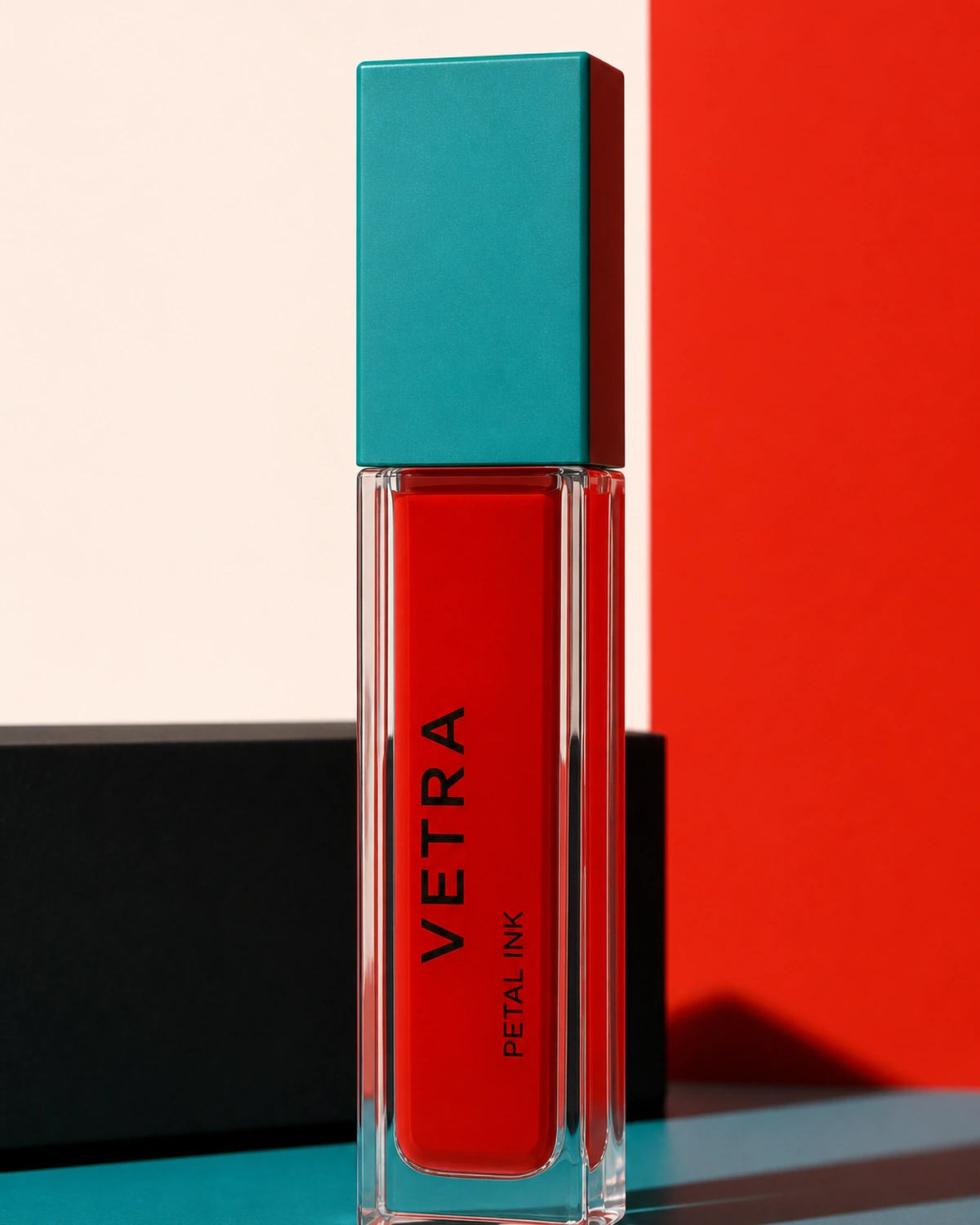 PETAL INK clear tube with teal cap and vermilion pigment